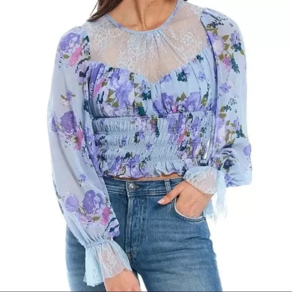 FP Movement by Free People Smock Daphne Floral Lace Ruffled Top NWT 128.00